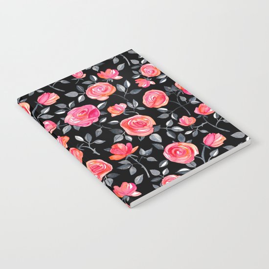 Roses on Black - a watercolor floral pattern Notebook