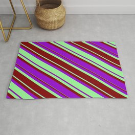 [ Thumbnail: Green, Maroon, and Dark Violet Colored Lined/Striped Pattern Rug ]