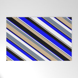[ Thumbnail: Vibrant Slate Gray, Tan, Black, Blue, and White Colored Striped/Lined Pattern Welcome Mat ]