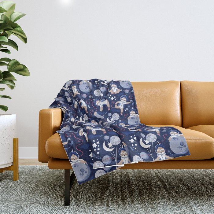 Best Space To Be // navy blue background indigo moons and cute astronauts sloths Throw Blanket