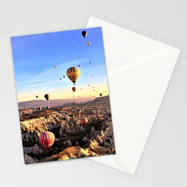 hot air balloons flying valley sky sunset Stationery Card