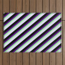 [ Thumbnail: Eyecatching Dark Violet, Indigo, Light Green, Lavender & Black Colored Stripes Pattern Outdoor Rug ]