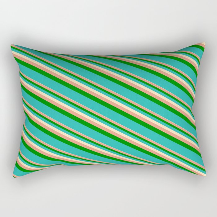 Beige, Dark Salmon, Green & Light Sea Green Colored Lines Pattern Rectangular Pillow