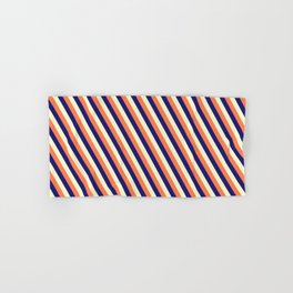[ Thumbnail: Coral, Midnight Blue & Light Yellow Colored Lined/Striped Pattern Hand & Bath Towel ]