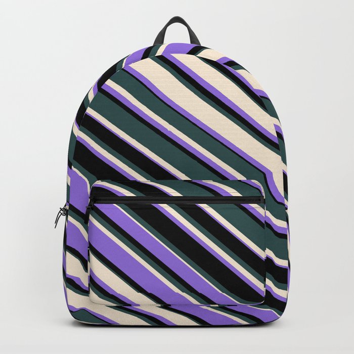 Dark Slate Gray, Beige, Purple & Black Colored Lined Pattern Backpack