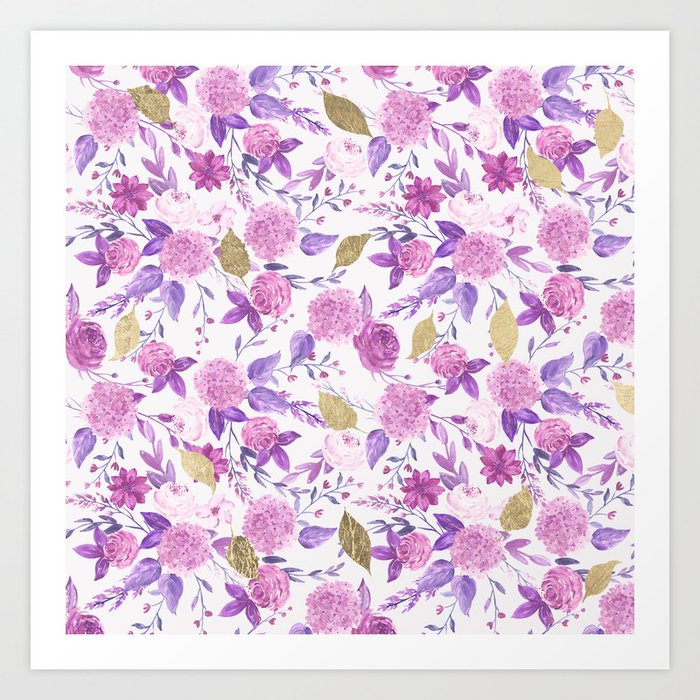 Romantic girly pink gold lilac watercolor floral Art Print