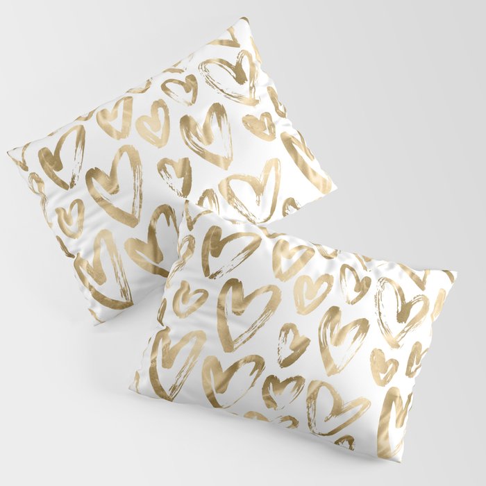 Gold Love Hearts Pattern on White Pillow Sham