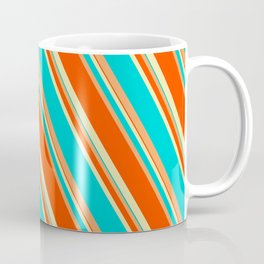 [ Thumbnail: Pale Goldenrod, Dark Turquoise, Brown, and Red Colored Lines/Stripes Pattern Coffee Mug ]