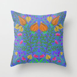 Tulip folk art blue Throw Pillow