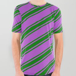 [ Thumbnail: Orchid and Green Colored Lined/Striped Pattern All Over Graphic Tee ]
