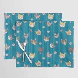 Cats with Paws Pattern/Hand-drawn in Watercolour/Blue Stripe Background Placemat