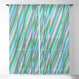 [ Thumbnail: Eye-catching Cyan, Royal Blue, Light Pink, Sea Green & Green Colored Striped Pattern Sheer Curtain ]