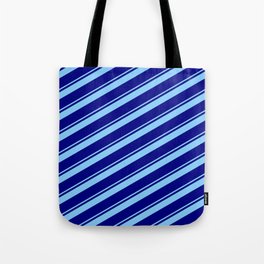[ Thumbnail: Light Sky Blue & Blue Colored Lined Pattern Tote Bag ]