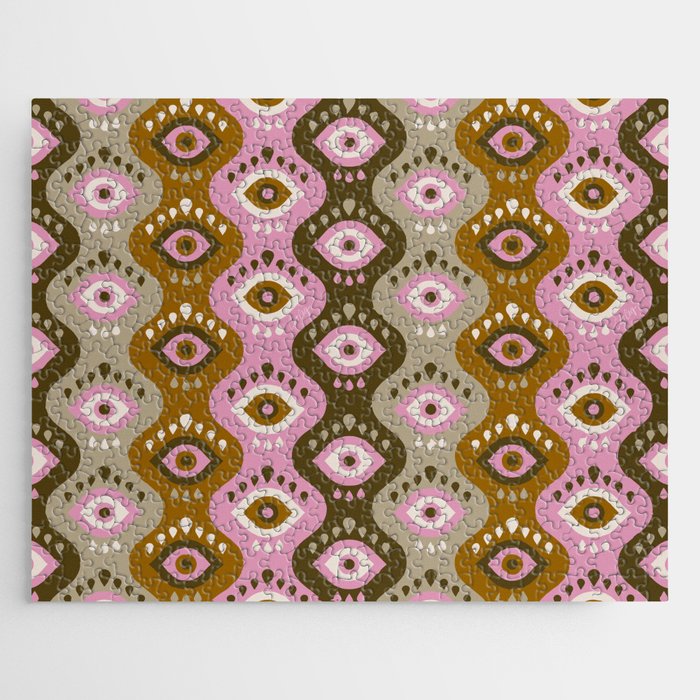 Psychedelic Wavy Eyes – Ochre & Pink Jigsaw Puzzle