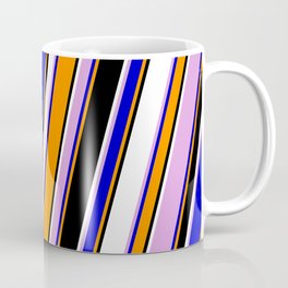 [ Thumbnail: Eye-catching Plum, Blue, Dark Orange, Black & White Colored Stripes/Lines Pattern Coffee Mug ]
