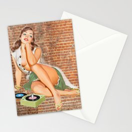 Vintage Pin Up Girl With Two Vinyls, A Green Skirt And Red Nails On A Wall Background Stationery Card