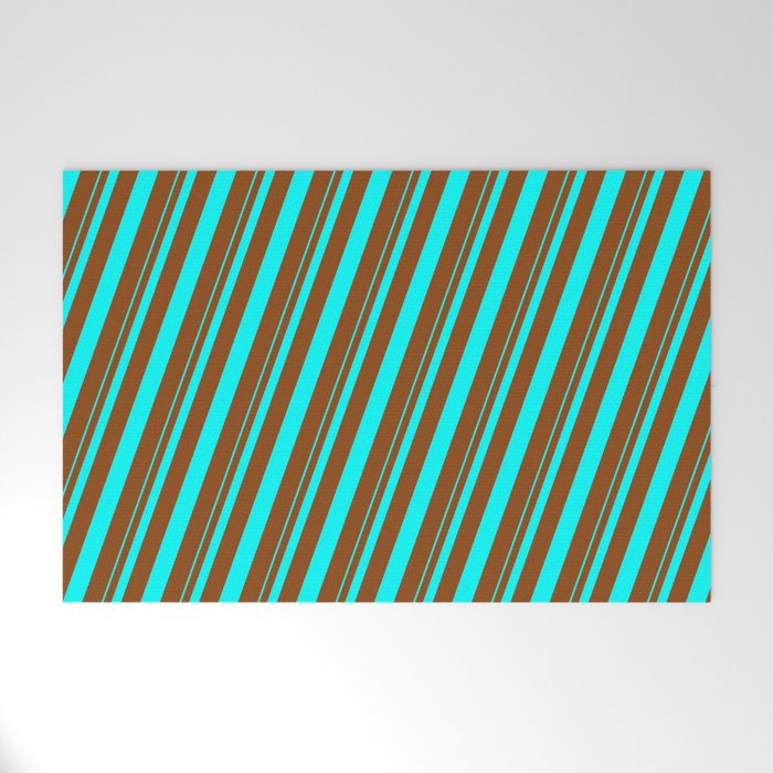 Aqua and Brown Colored Lined/Striped Pattern Welcome Mat