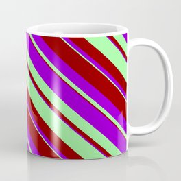 [ Thumbnail: Green, Dark Red & Dark Violet Colored Lined/Striped Pattern Coffee Mug ]