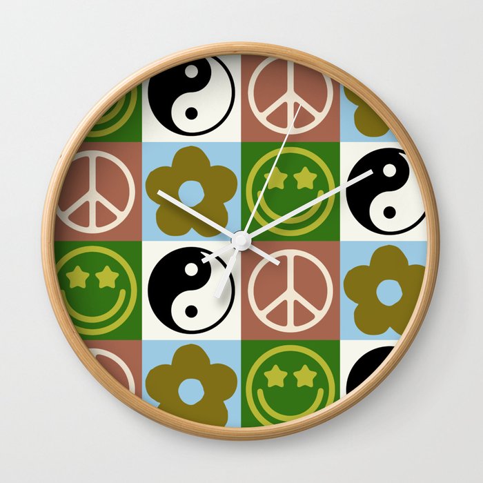 Checked Symbols Pattern (SMILEY FACE \ YIN YANG \ PEACE SYMBOL \ FLOWER) Wall Clock