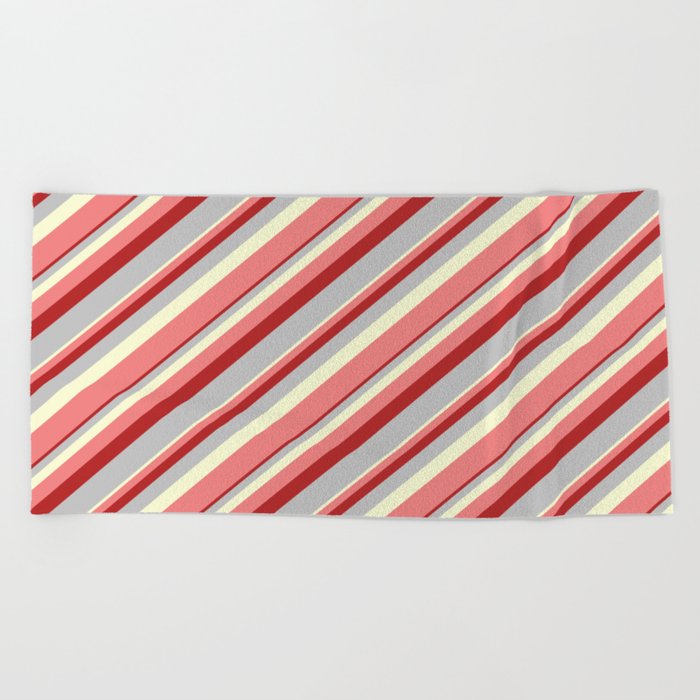 Light Yellow, Light Coral, Red, and Grey Colored Lines/Stripes Pattern Beach Towel