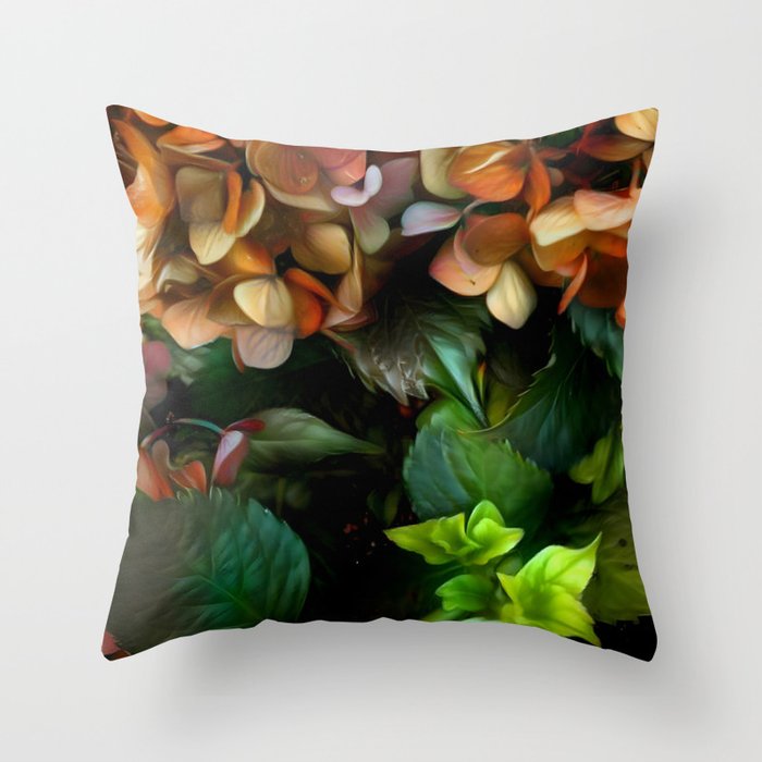 Hydrangeas Oil Painting- ochre, olive, copper, chartreuse, brown, maroon  Throw Pillow