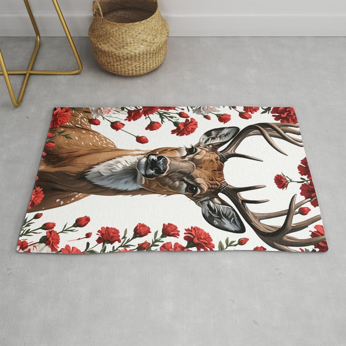 White-tailed Deer Surrounded By Red Carnation Pattern Rug