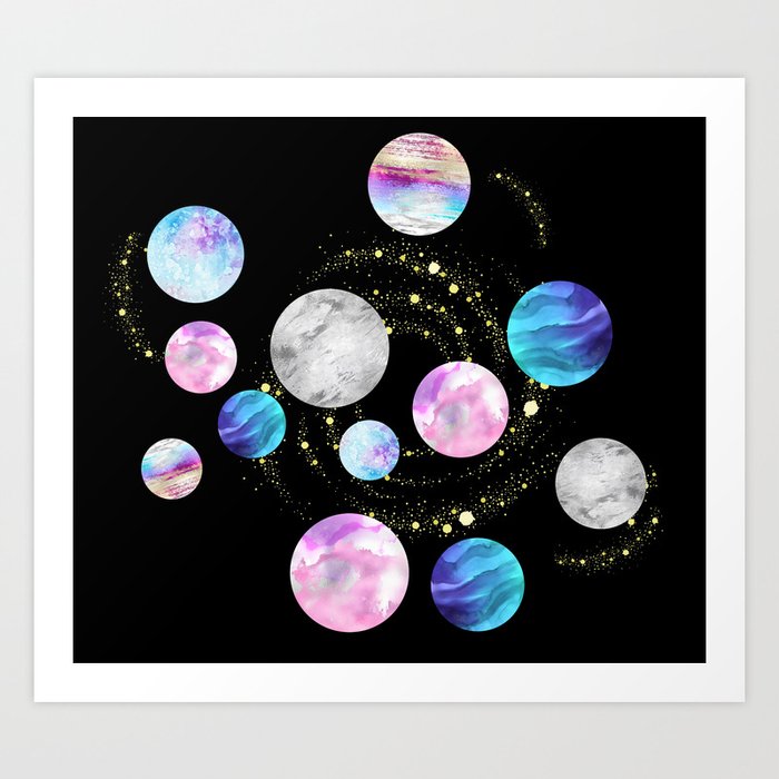 Outer Space: Planets, Galaxies, and Stars (watercolor and gold) Pattern Art Print