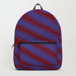 [ Thumbnail: Dark Slate Blue & Maroon Colored Striped Pattern Backpack ]