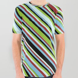 [ Thumbnail: Green, Light Cyan, Brown, Sky Blue & Black Colored Striped Pattern All Over Graphic Tee ]