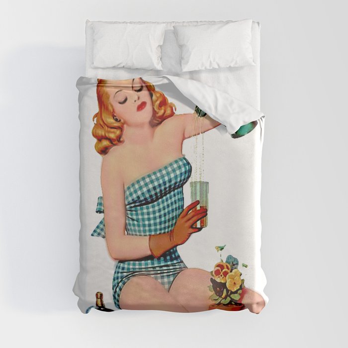Red Sexy Pinup With Watering Can For Garden Duvet Cover