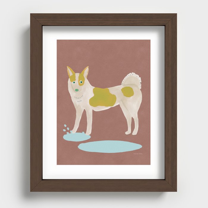 Dog Stepping into a Puddle - Green and Brown Recessed Framed Print