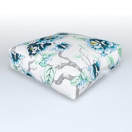 Spring Flowers Pattern Blue Soft Green on White Outdoor Floor Cushion