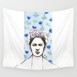 Floral Frida watercolor portrait blue green purple Wall Tapestry