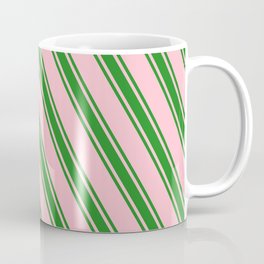 [ Thumbnail: Pink and Forest Green Colored Pattern of Stripes Coffee Mug ]