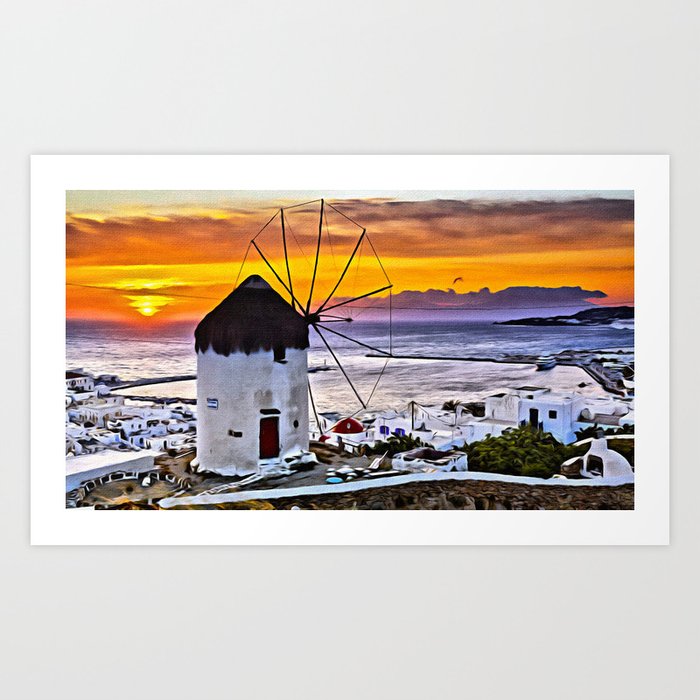 Sunset at Mykonos Windmills Art Print