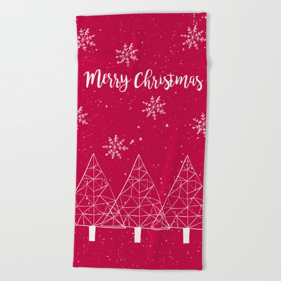 Merry Christmas Red And White Beach Towel