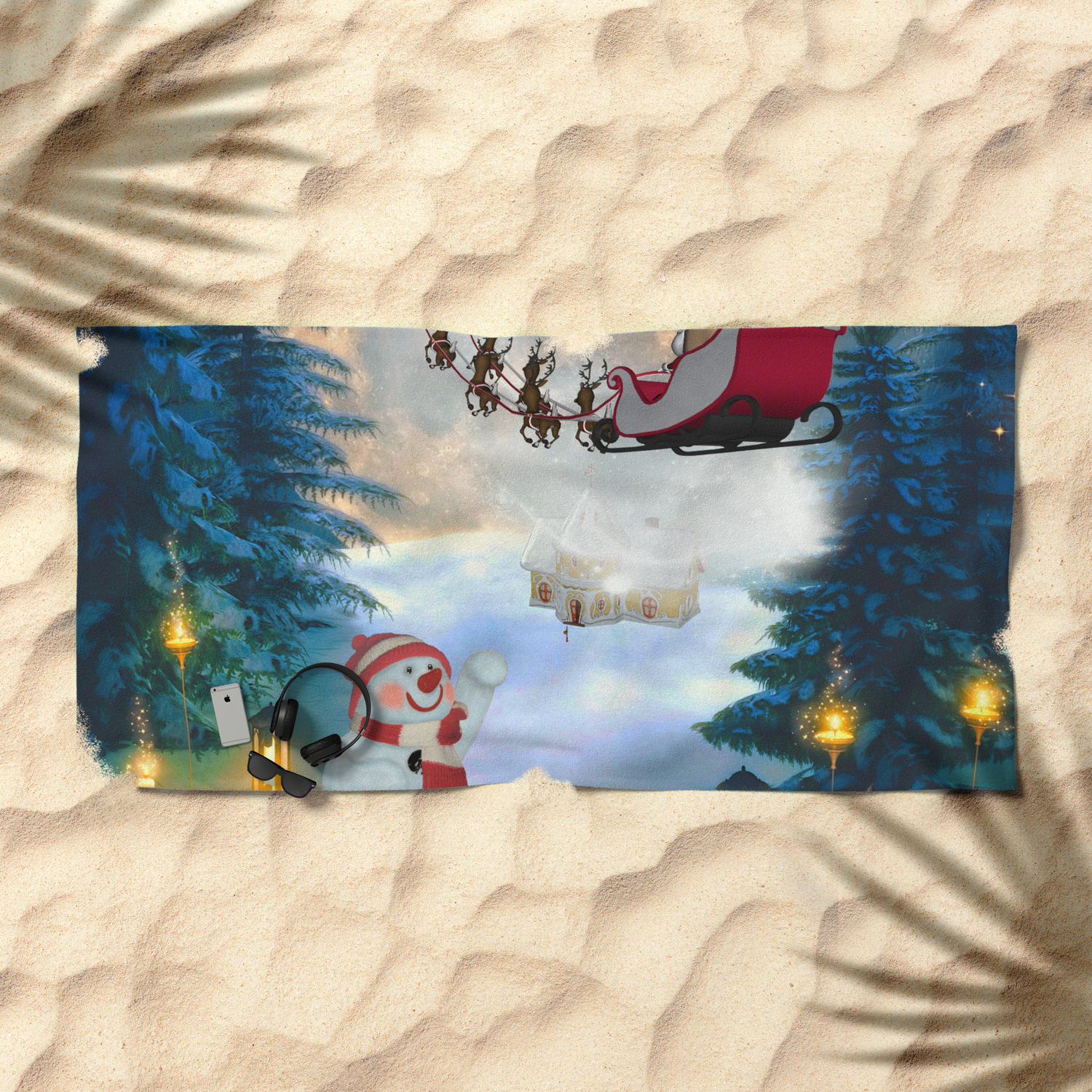 Christmas Snowman With Santa Claus Beach Towel By Nicky2342