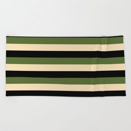 [ Thumbnail: Dark Olive Green, Tan & Black Colored Striped/Lined Pattern Beach Towel ]