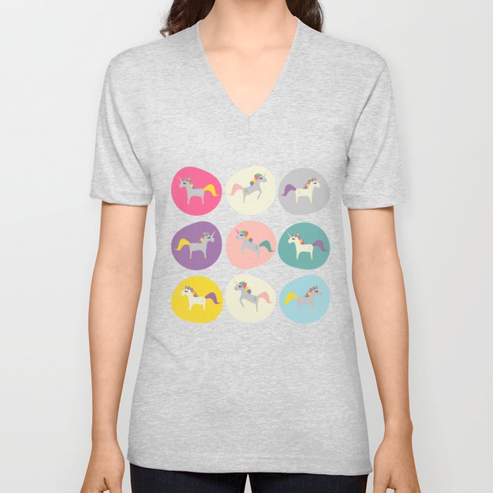Cute Unicorn polka dots teal pastel colors and linen texture #homedecor #apparel #stationary #kids V Neck T Shirt