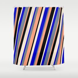 [ Thumbnail: Colorful Blue, Slate Gray, Light Salmon, Black, and Beige Colored Lined/Striped Pattern Shower Curtain ]