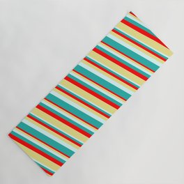 [ Thumbnail: Red, Tan, Light Cyan, and Light Sea Green Colored Lined/Striped Pattern Yoga Mat ]