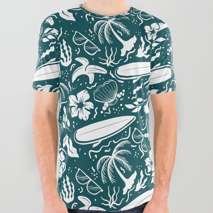 Teal Blue and White Surfing Summer Beach Objects Seamless Pattern All Over Graphic Tee