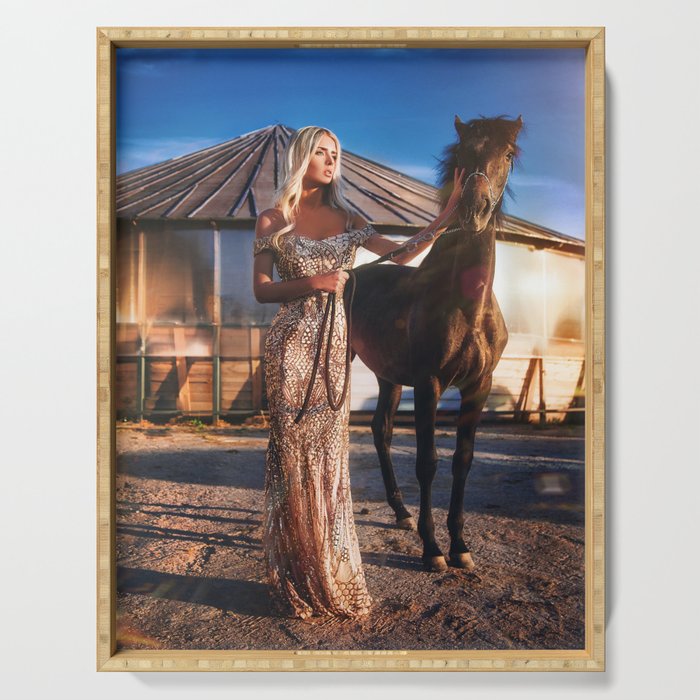 Lord of the manor; blond with horse magical realism female portrait color photograph / photography Serving Tray