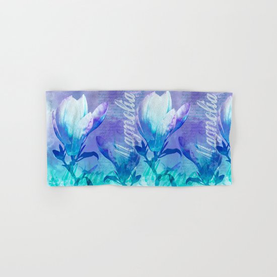Blue Purple Magnolia mixed media typography illustration Hand & Bath Towel