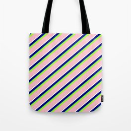 [ Thumbnail: Vibrant Light Green, Pink, White, Blue & Light Sea Green Colored Lined/Striped Pattern Tote Bag ]