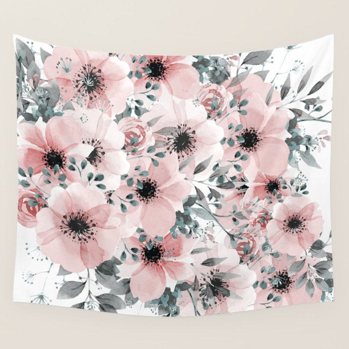 Flower Watercolor, Blush Pink and Gray, Floral Prints Wall Tapestry by Megan Morris Society6
