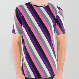 [ Thumbnail: Vibrant Indigo, Beige, Slate Gray, Hot Pink, and Black Colored Striped/Lined Pattern All Over Graphic Tee ]