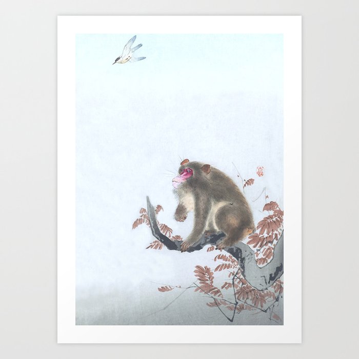 Monkey Looking at the Bird - Traditional Japanese Woodblock Print Art Art Print