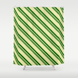 [ Thumbnail: Dark Green and Pale Goldenrod Colored Lines Pattern Shower Curtain ]