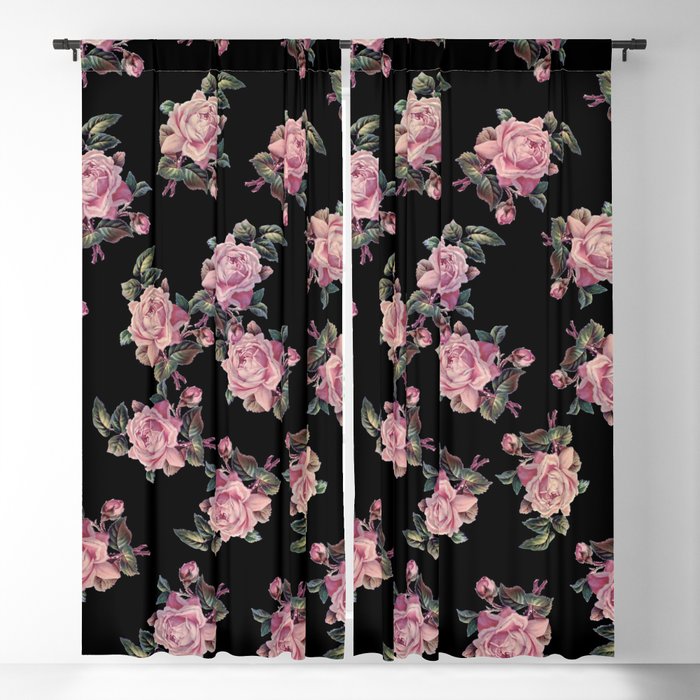Pink Roses Dark Floral Flowers On Black 50" Wide Curtain Panel by Roostery 